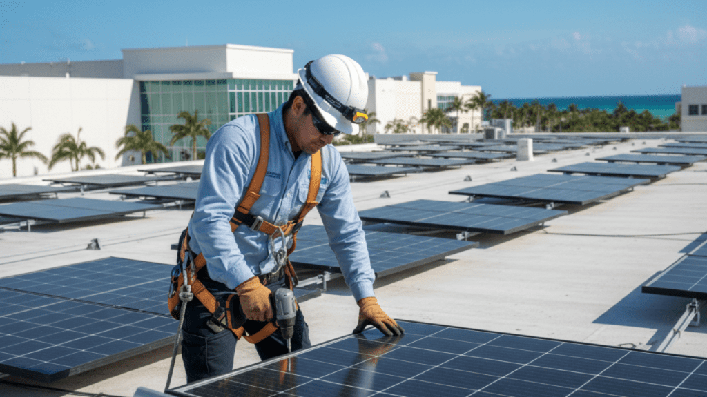 tecnico instalando paneles solares en quintana roo